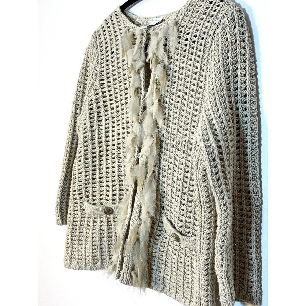 Women Chico's Oatmeal Chunky Open Knit Fringe‎ Cardigan Sweater Size 0 Coastal - Picture 4 of 10